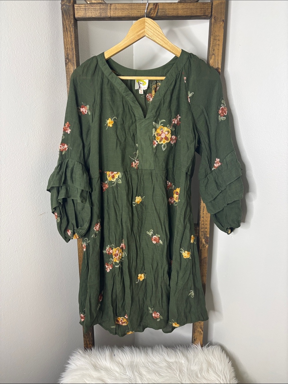 fig and flower Olive Green Floral Embroidered Mini Dress Size S
